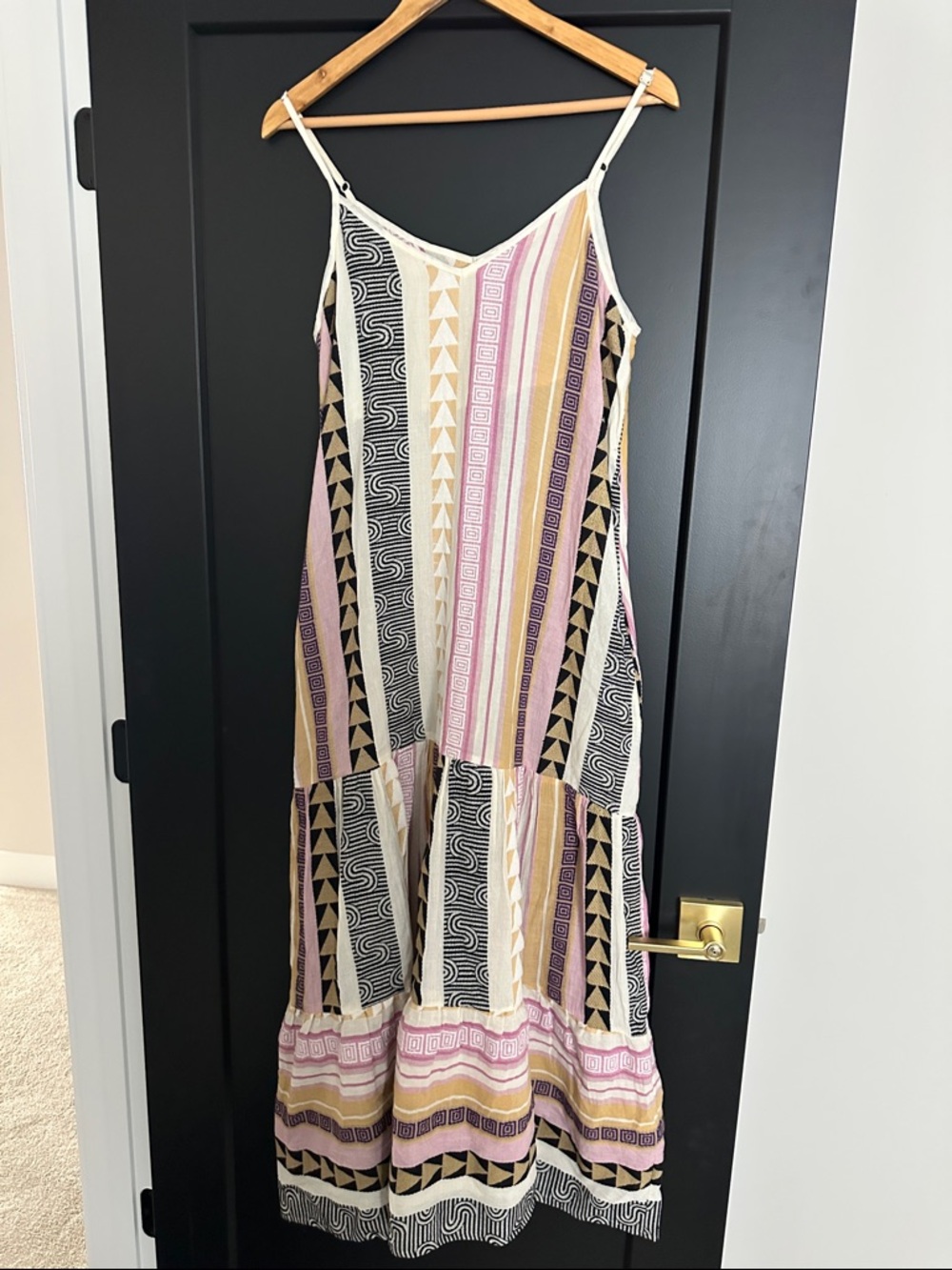 Elan Striped Geometric Maxi Dress in Pink, Black, Cream, Tan
